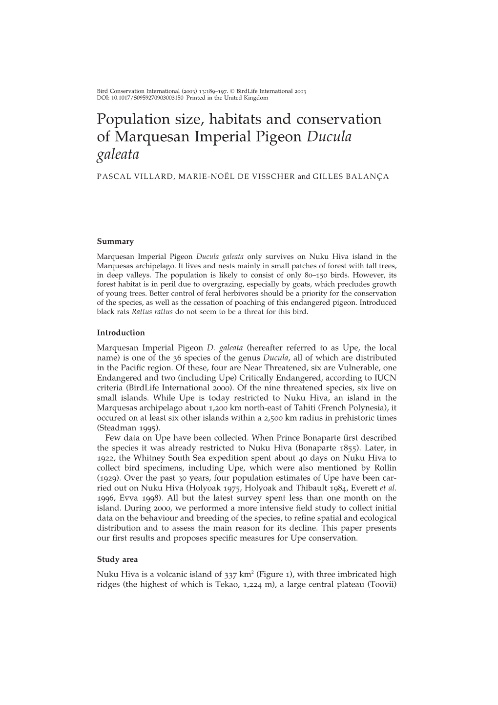 Population Size, Habitats and Conservation of Marquesan Imperial Pigeon Ducula Galeata