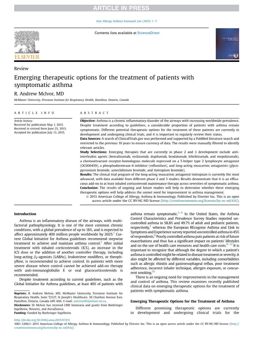 Emerging Therapeutic Options for the Treatment of Patients with Symptomatic Asthma R