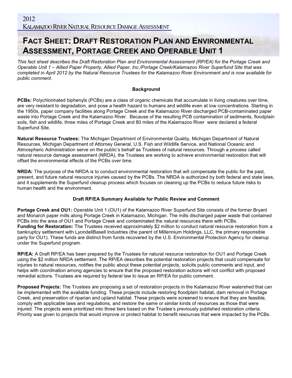 Fact Sheet on Draft Restoration Plan for Portage Creek and Operable