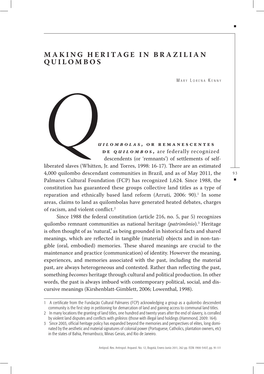 Making Heritage in Brazilian Quilombos”, in Laurajane Smith and Natsuko Akagawa (Eds.), Intangible Heritage