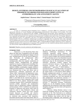 Design, Synthesis and Neuropharmacological Evaluation of Thiophene Incorporated Isoxazole Derivatives As Antidepressant and Antianxiety Agents