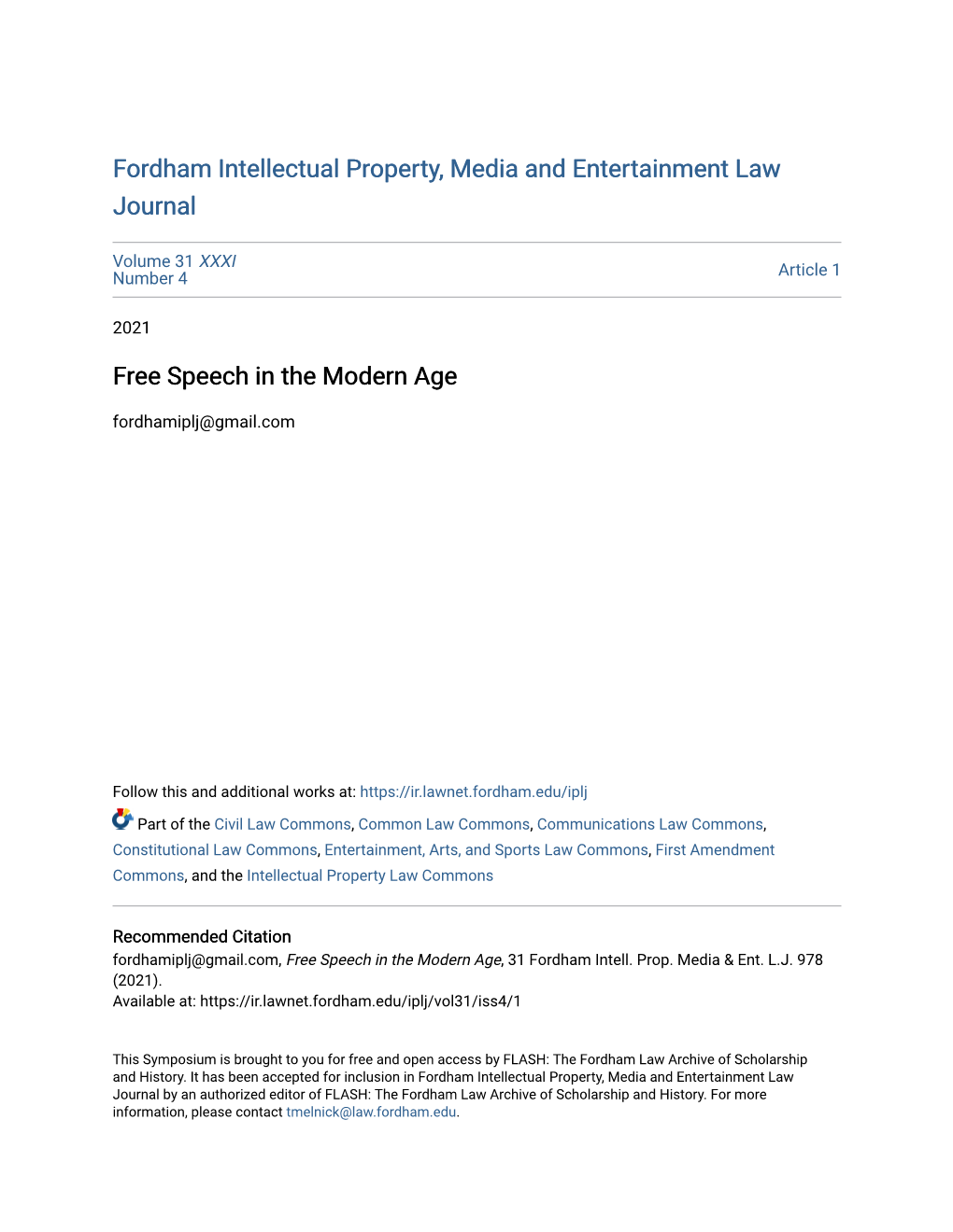 Free Speech in the Modern Age Fordhamiplj@Gmail.Com