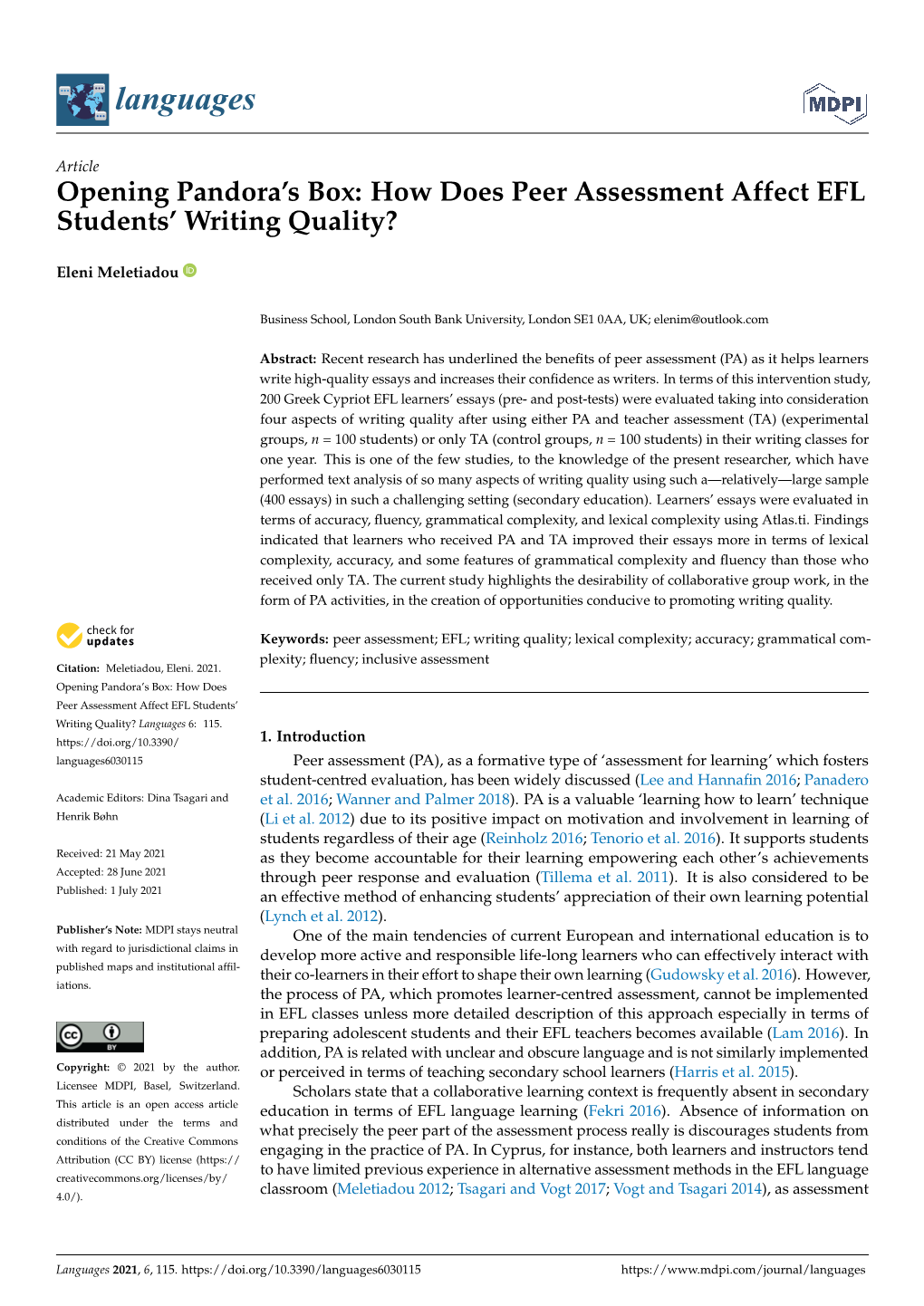 How Does Peer Assessment Affect EFL Students' Writing Quality?