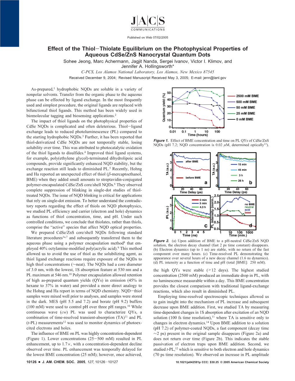 Effect of the Thiol-Thiolate Equilibrium on the Photophysical Properties of Aqueous Cdse/Zns Nanocrystal Quantum Dots