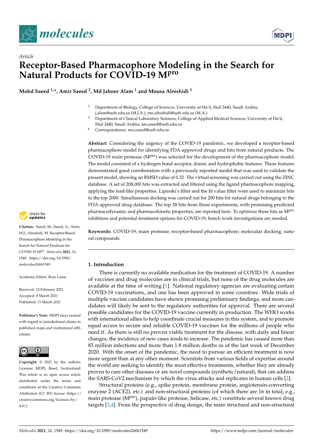 Receptor-Based Pharmacophore Modeling in the Search for Natural Products for COVID-19 Mpro