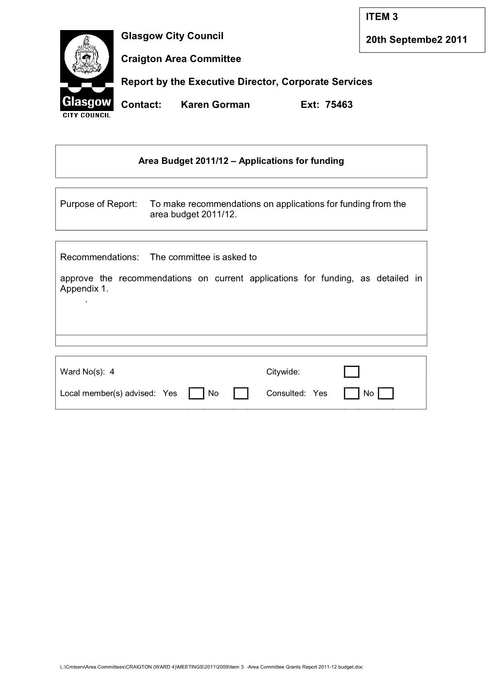ITEM 3 20Th Septembe2 2011 Glasgow City Council Craigton