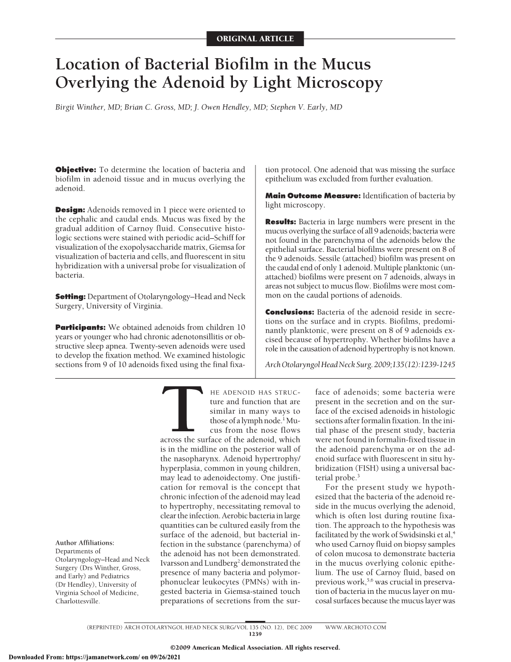 Location of Bacterial Biofilm in the Mucus Overlying the Adenoid by Light Microscopy