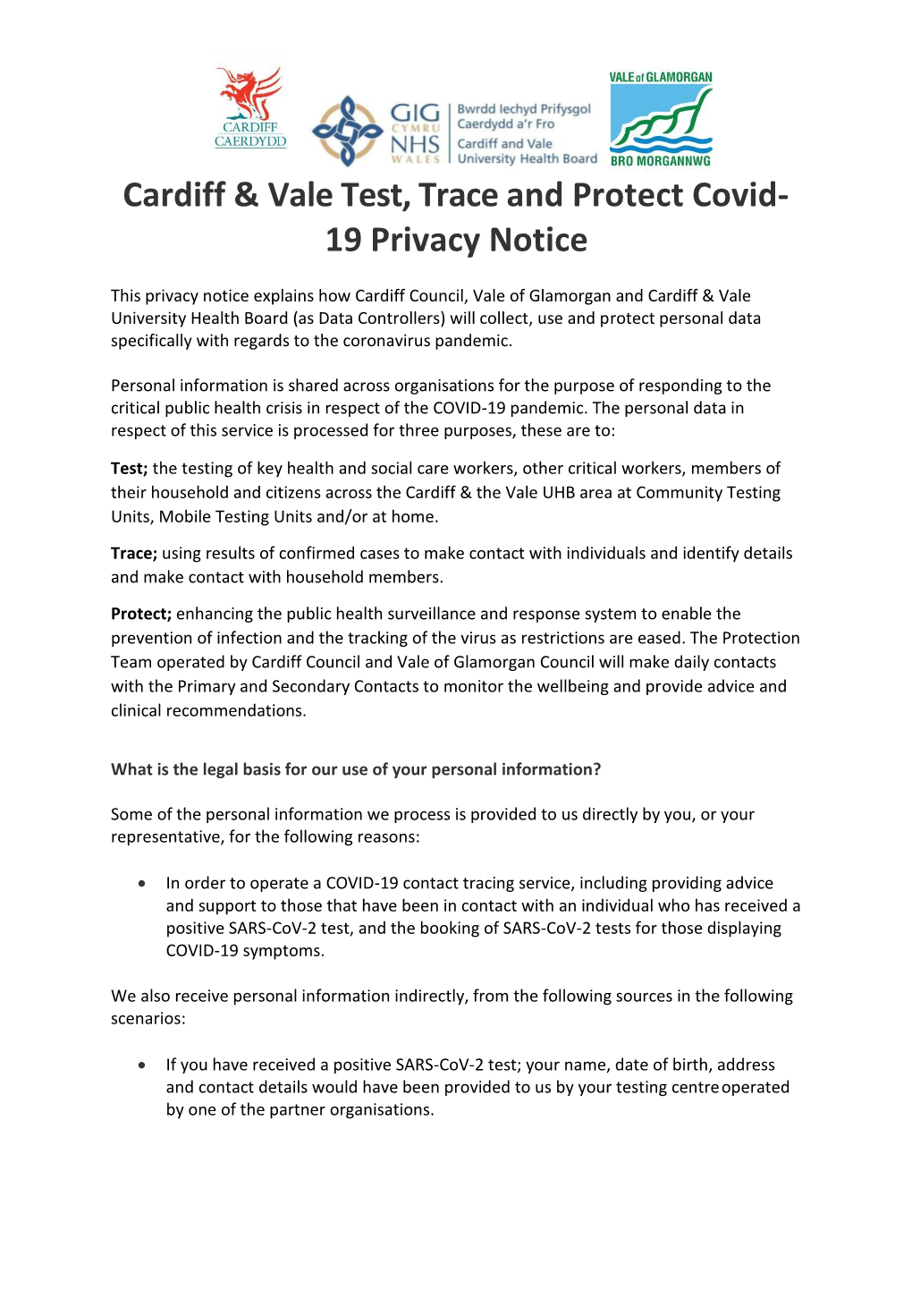 Cardiff & Vale Test, Trace and Protect Covid- 19 Privacy Notice