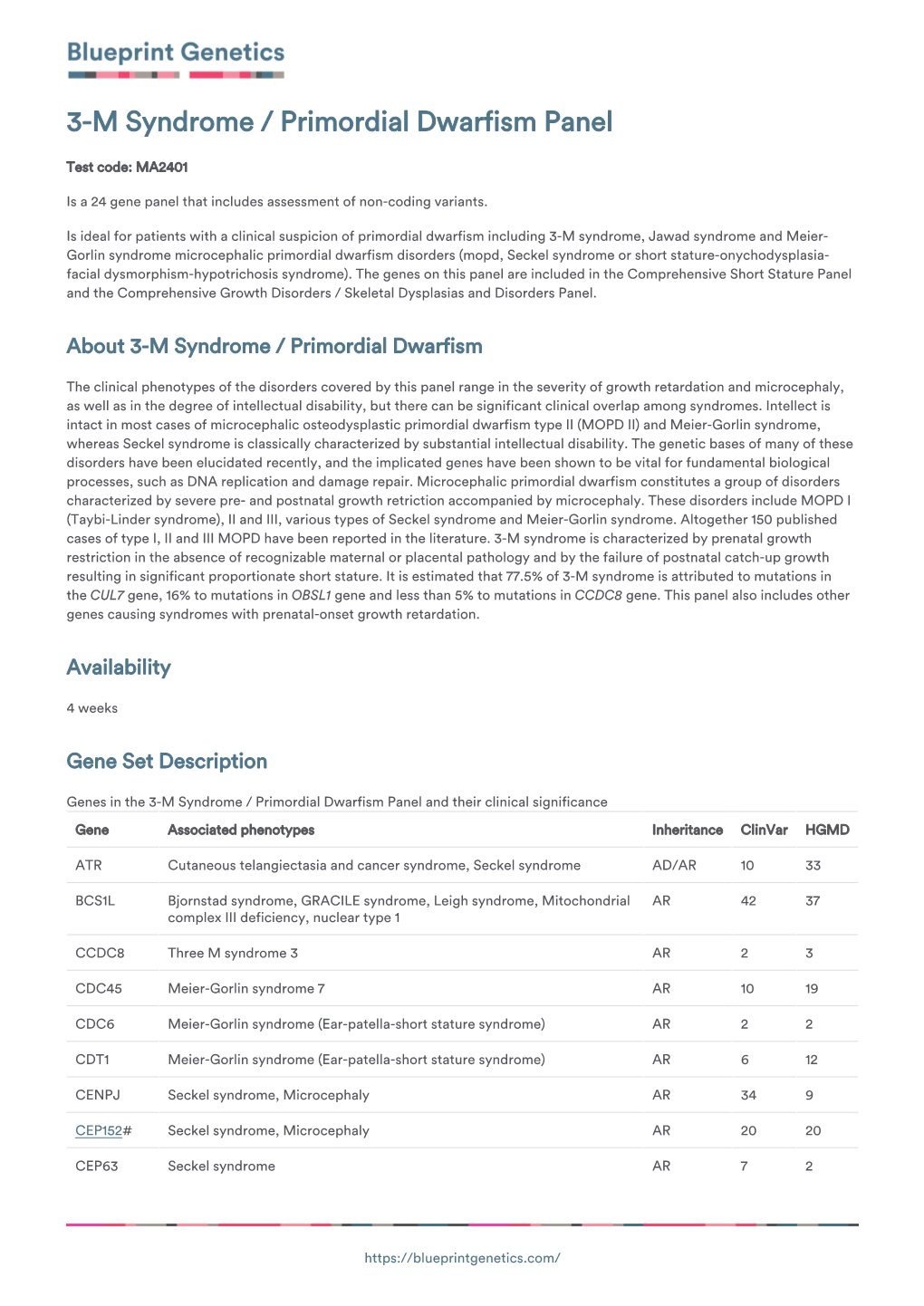 Blueprint Genetics 3-M Syndrome / Primordial Dwarfism Panel