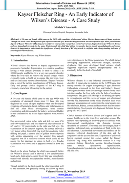 Kayser Fleischer Ring - an Early Indicator of Wilson’S Disease - a Case Study