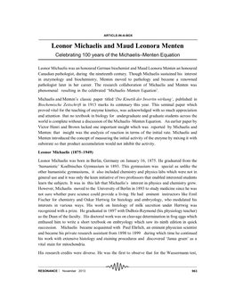 Leonor Michaelis and Maud Leonora Menten Celebrating 100 Years of the Michaelis–Menten Equation