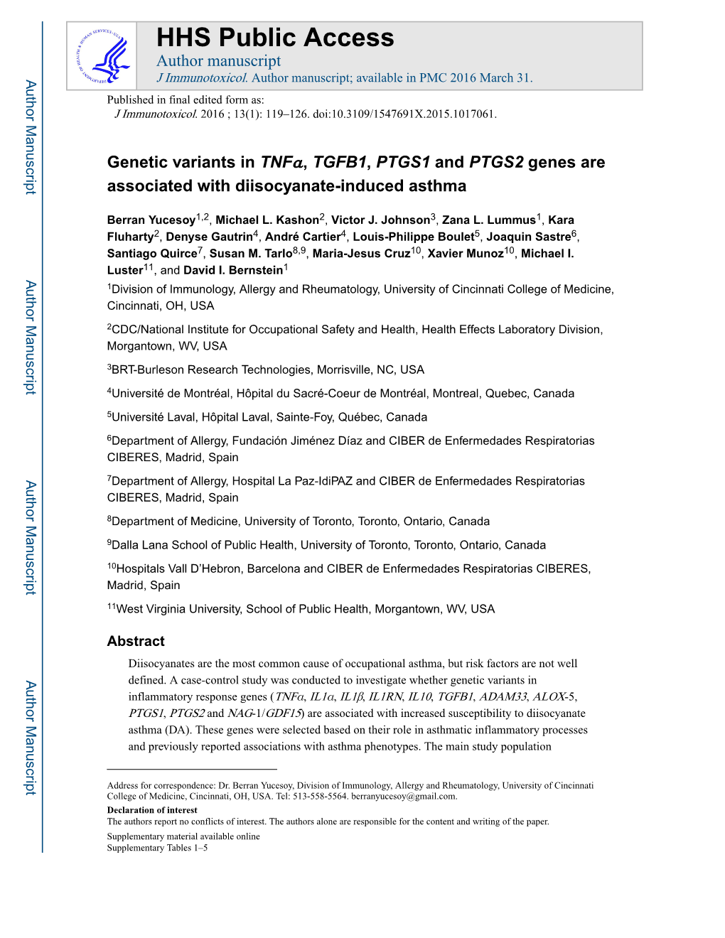 Genetic Variants in Tnfα, TGFB1, PTGS1 and PTGS2 Genes Are Associated with Diisocyanate-Induced Asthma