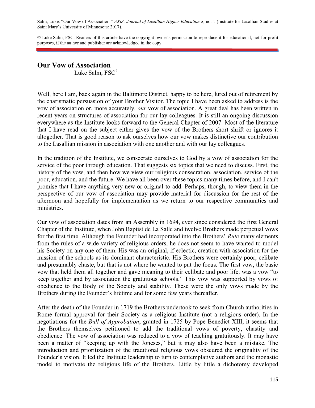 Our Vow of Association.” AXIS: Journal of Lasallian Higher Education 8, No