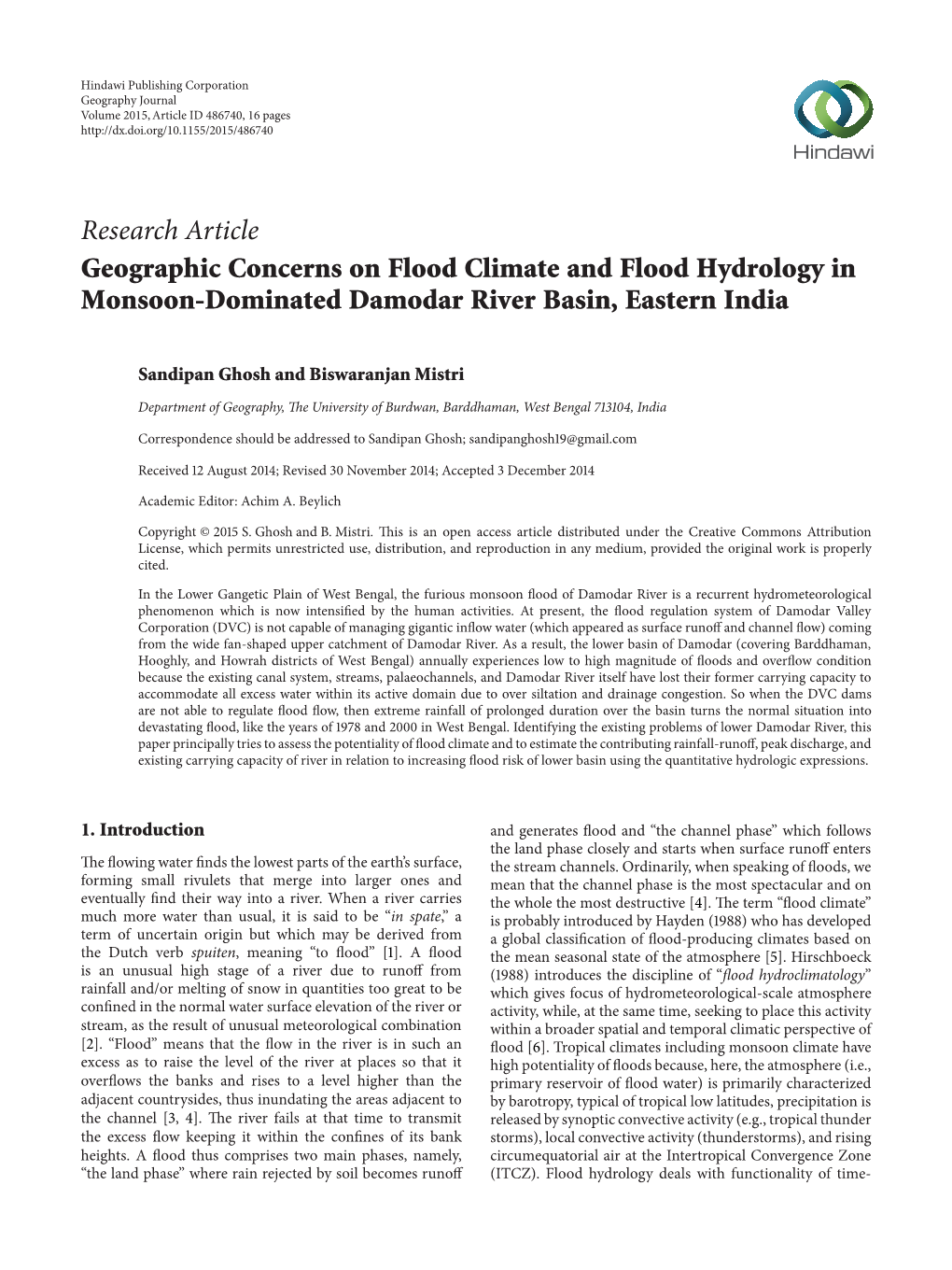 Geographic Concerns on Flood Climate and Flood Hydrology in Monsoon-Dominated Damodar River Basin, Eastern India