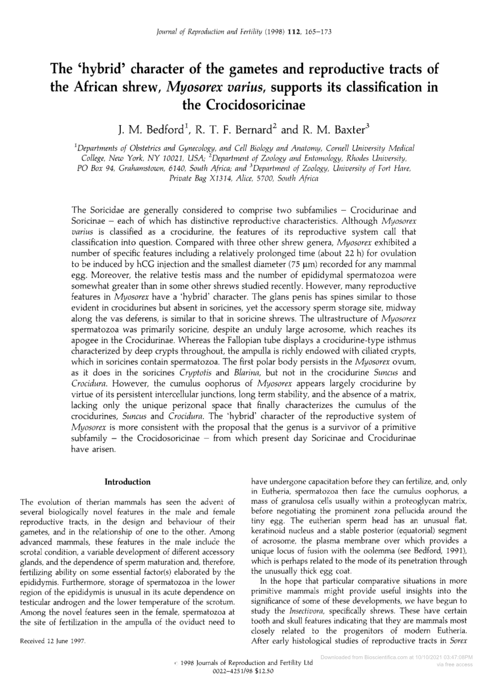 Character of the Gametes and Reproductive Tracts of the African Shrew, Myosorex Varius, Supports Its Classification in the Crocidosoricinae J