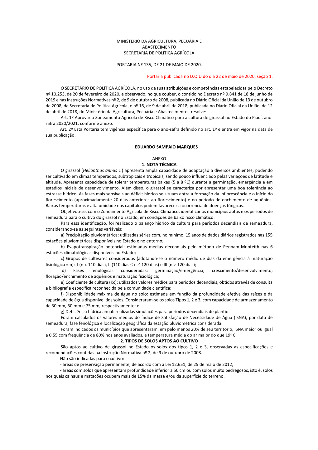 Ministério Da Agricultura, Pecuária E Abastecimento Secretaria De Política Agrícola