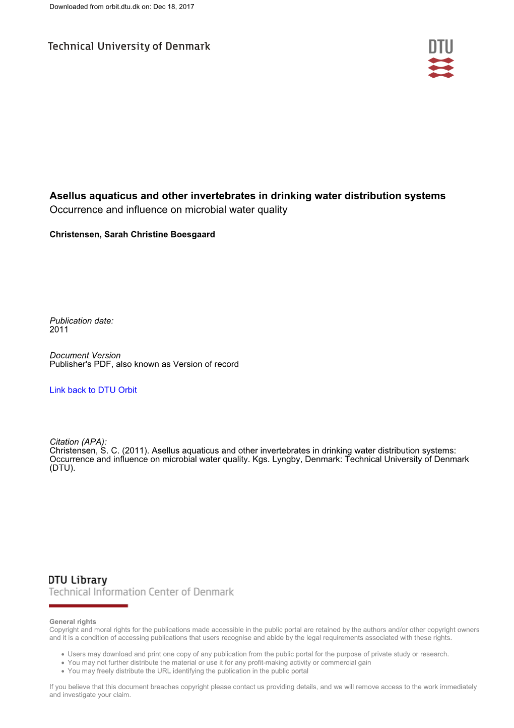 Asellus Aquaticus and Other Invertebrates in Drinking Water Distribution Systems