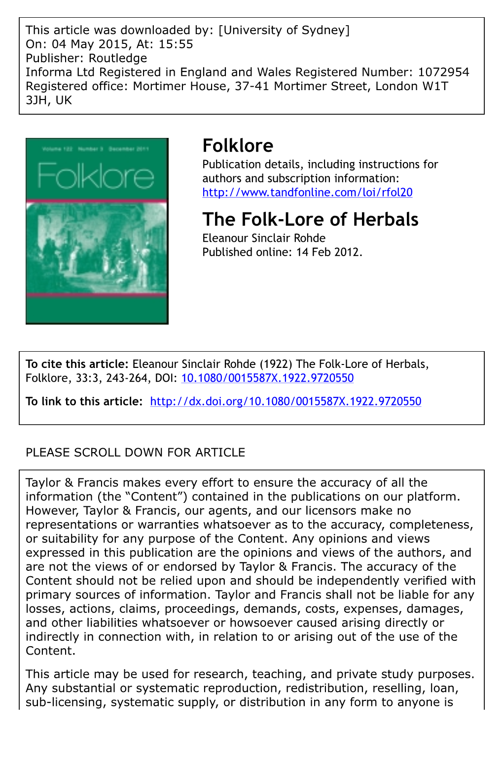 Folklore the Folk-Lore of Herbals