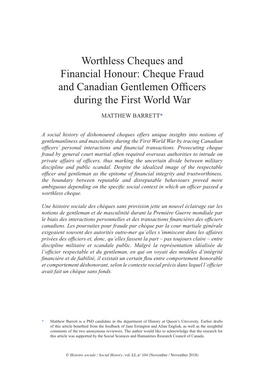 Cheque Fraud and Canadian Gentlemen Officers During the First World War