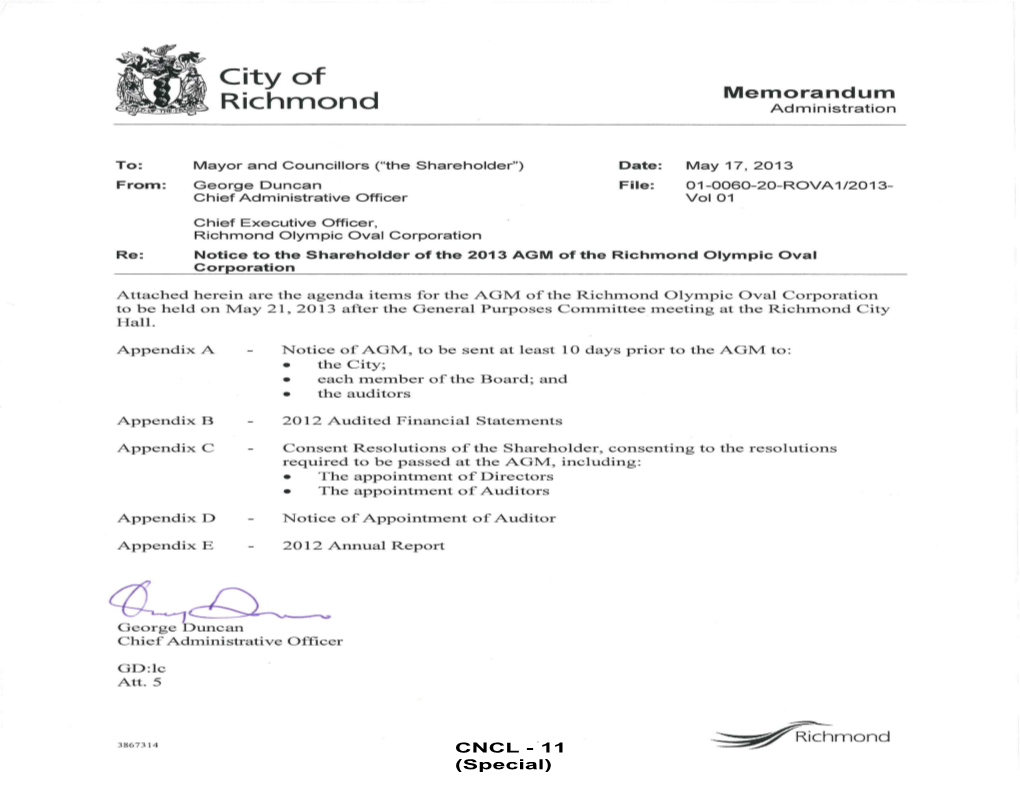 Richmond Olympic Oval Corporation Re: Notice to the Shareholder of the 2013 AGM of the Richmond Olympic Oval Corporation