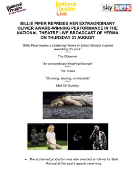 Billie Piper Reprises Her Extraordinary Olivier Award-Winning Performance in the National Theatre Live Broadcast of Yerma on Thursday 31 August