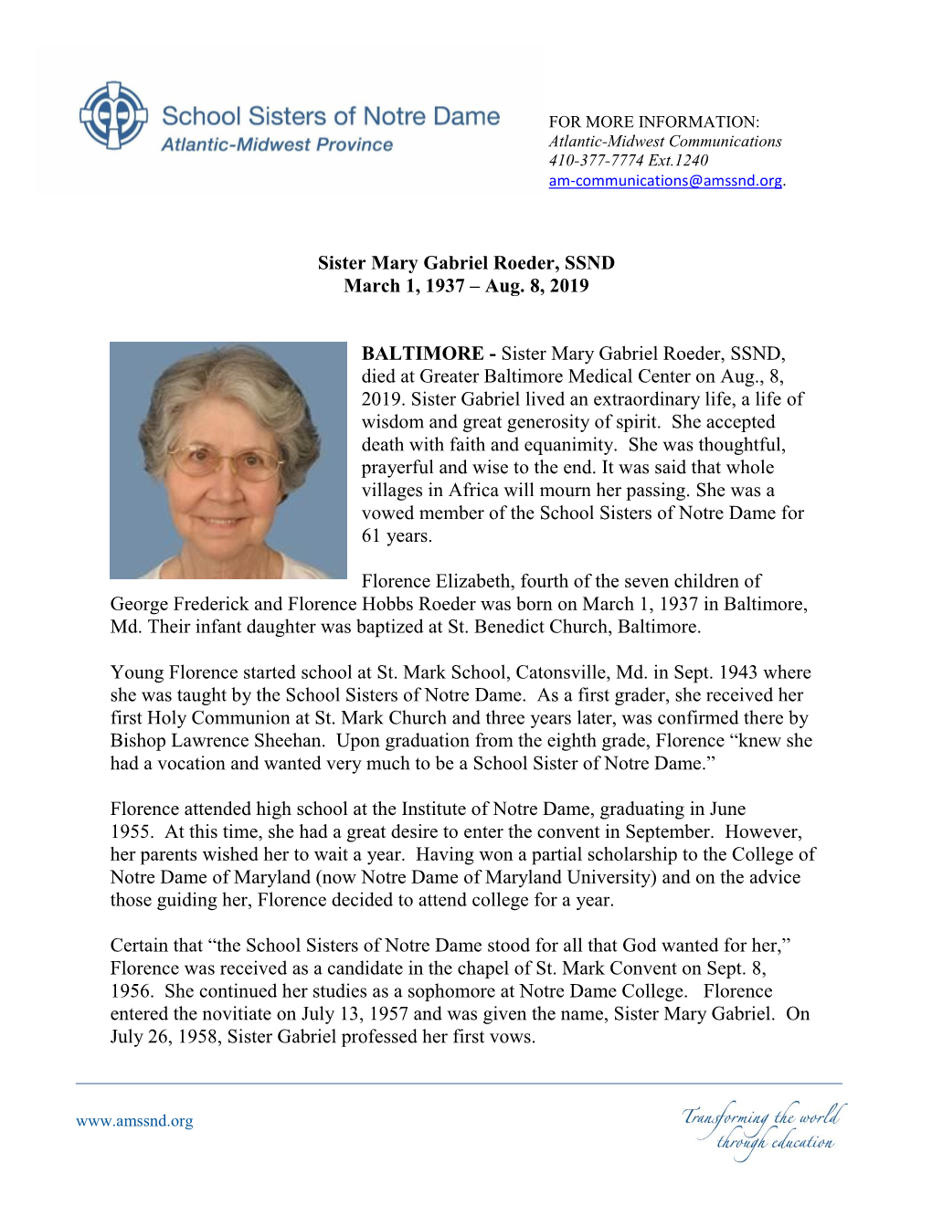 Sister Mary Gabriel Roeder, SSND March 1, 1937 – Aug