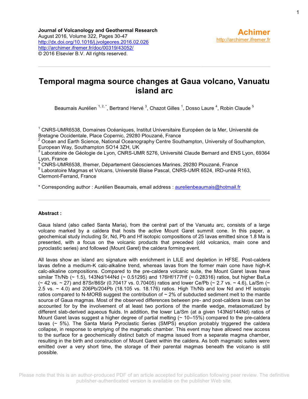 Temporal Magma Source Changes at Gaua Volcano, Vanuatu Island Arc