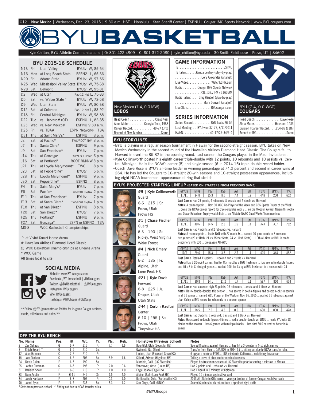 Byu 2015-16 Schedule Social Media 1 Game Information