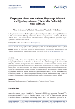 Karyotypes of Two Rare Rodents, Hapalomys Delacouri and Typhlomys Cinereus (Mammalia, Rodentia), from Vietnam