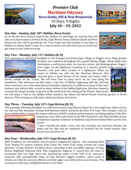 Premier Club Maritime Odyssey Nova Scotia, PEI & New Brunswick 10 Days, 9 Nights July 10 – 19, 2022