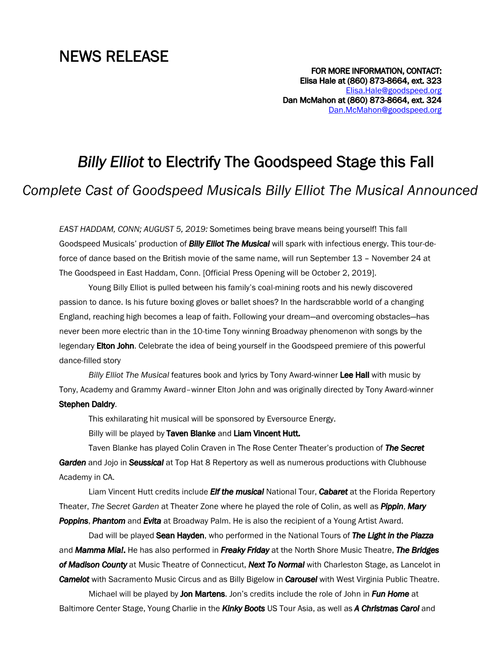 Billy Elliot to Electrify the Goodspeed Stage This Fall Complete Cast of Goodspeed Musicals Billy Elliot the Musical Announced