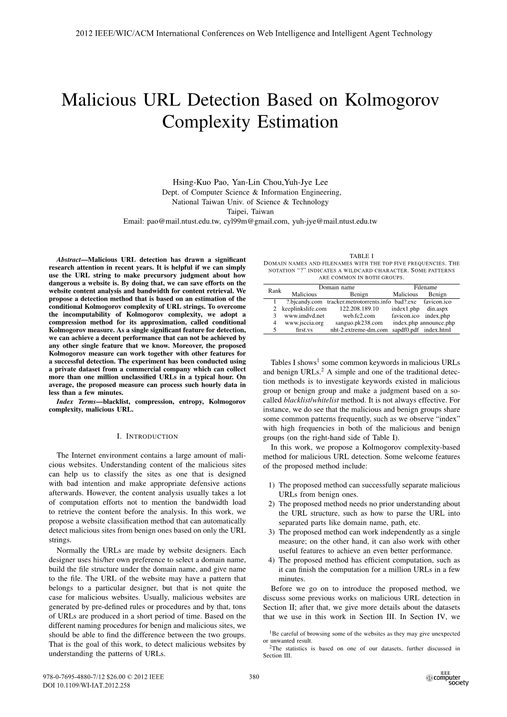 Malicious URL Detection Based on Kolmogorov Complexity Estimation