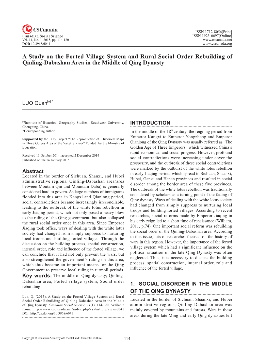 A Study on the Forted Village System and Rural Social Order Rebuilding of Qinling-Dabashan Area in the Middle of Qing Dynasty