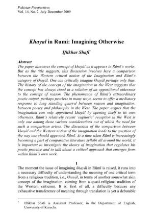 Khayal in Rumi: Imagining Otherwise