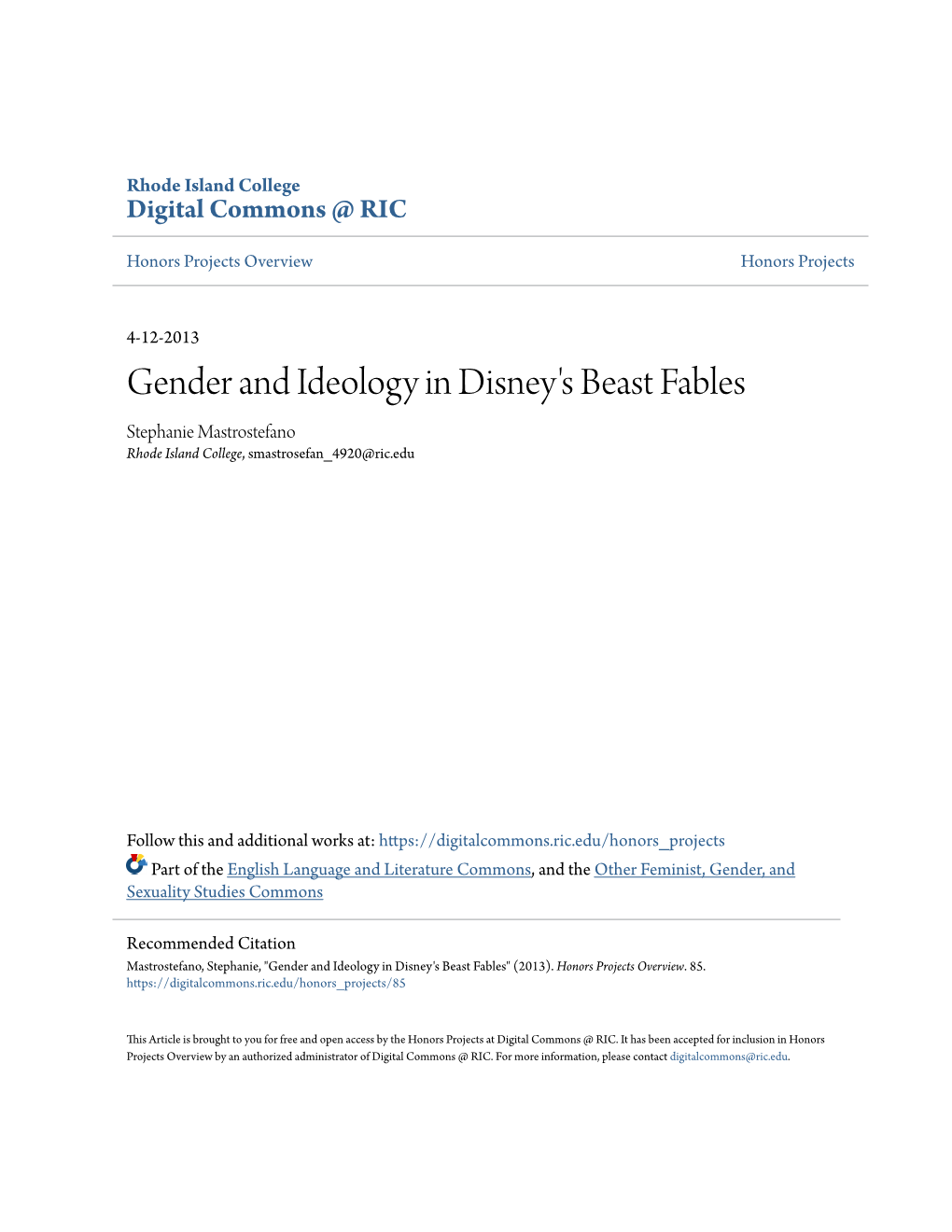 Gender and Ideology in Disney's Beast Fables Stephanie Mastrostefano Rhode Island College, Smastrosefan 4920@Ric.Edu