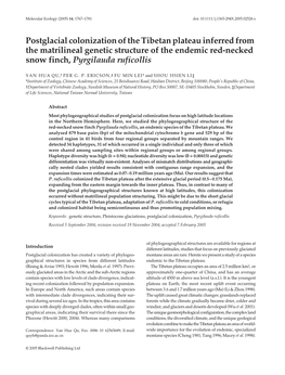 Postglacial Colonization of the Tibetan Plateau Inferred from the Matrilineal Genetic Structure of the Endemic Red-Necked Snow F