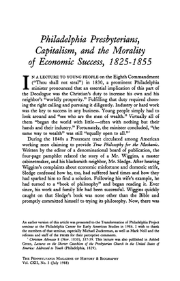 Philadelphia Presbyterians, Capitalism, and the Morality of Economic Success, 1825-1855