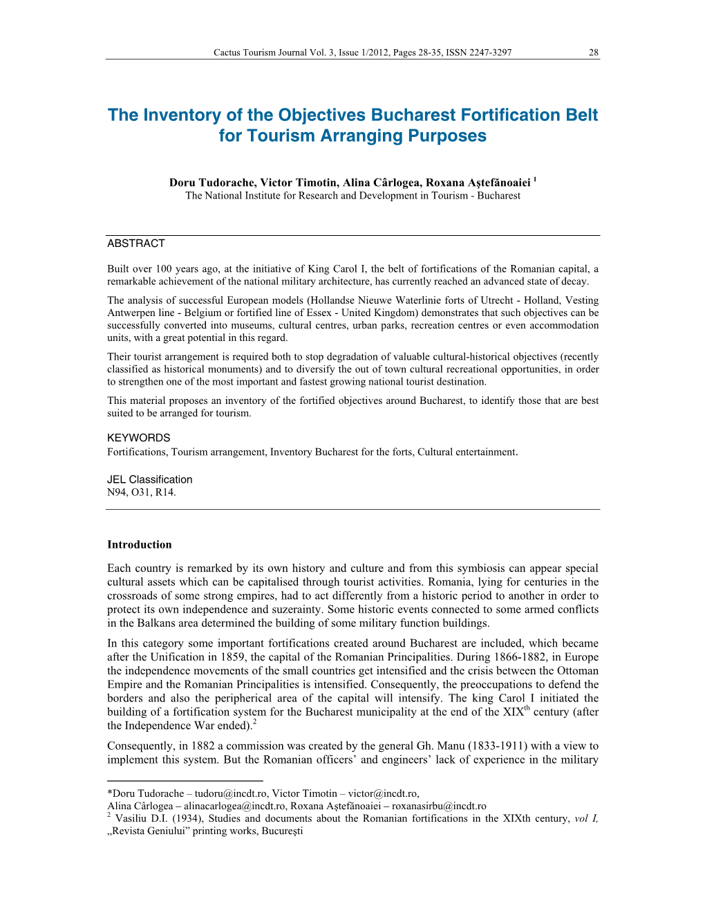 The Inventory of the Objectives Bucharest Fortification Belt for Tourism Arranging Purposes