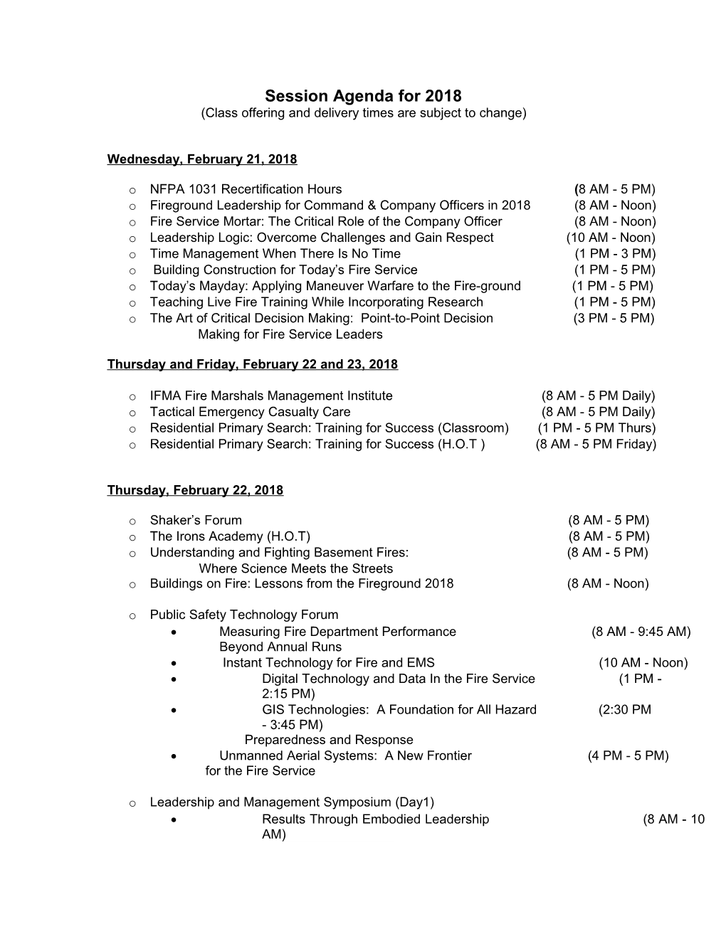 Sessions Agenda for 2010