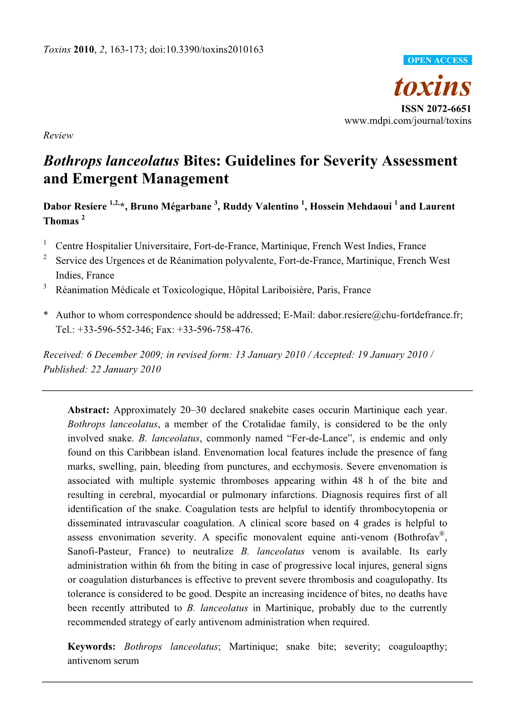 Bothrops Lanceolatus Bites: Guidelines for Severity Assessment and Emergent Management