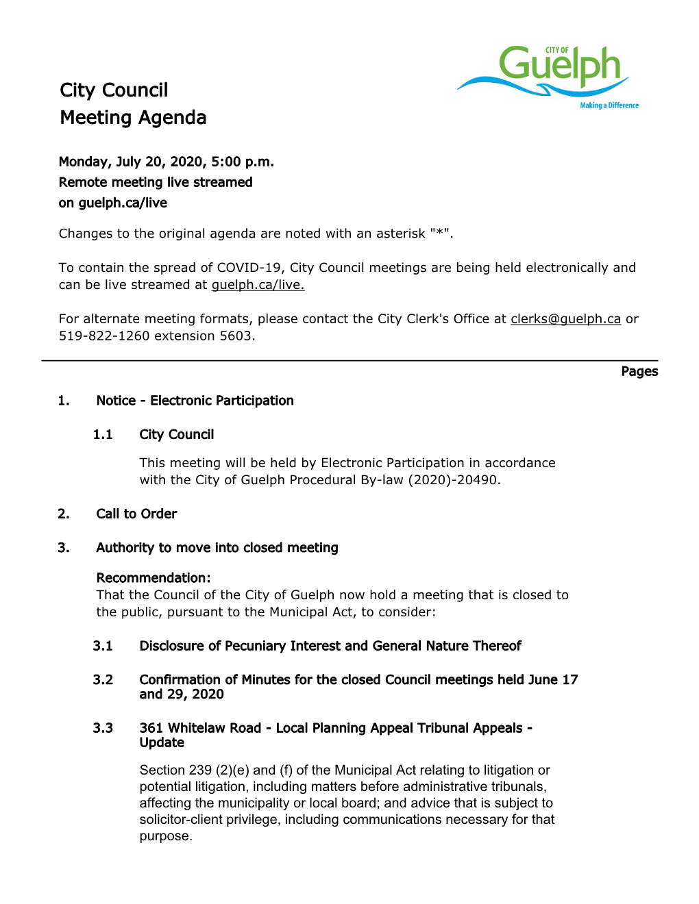 Guelph City Council Agenda