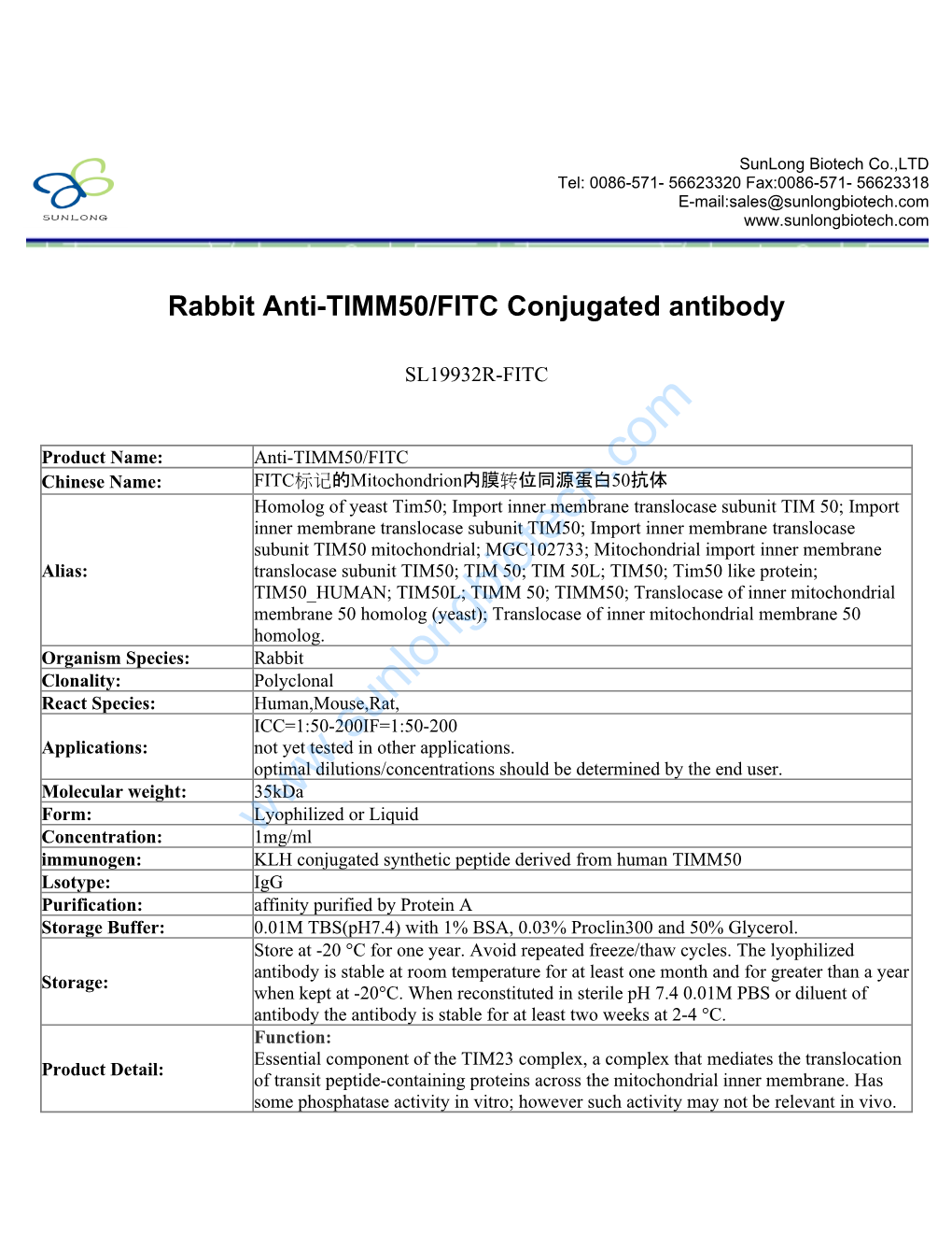 Rabbit Anti-TIMM50/FITC Conjugated Antibody