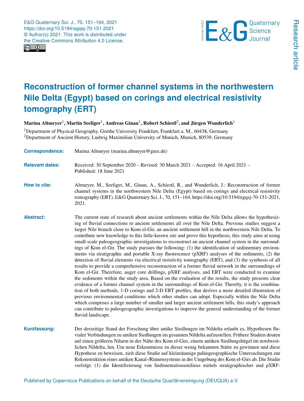 Reconstruction of Former Channel Systems in the Northwestern Nile Delta (Egypt) Based on Corings and Electrical Resistivity Tomography (ERT)