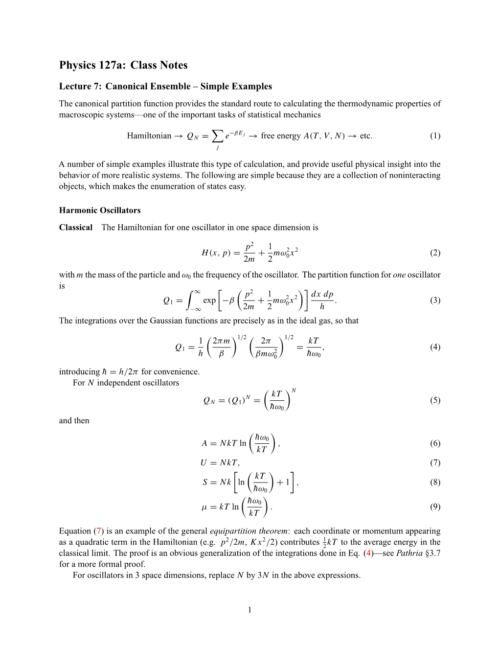 Lecture 7: Canonical Ensemble