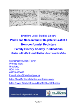 Non-Conformist Registers Family History Society Publications Copies in Bradford Local Studies Library on Microfiche