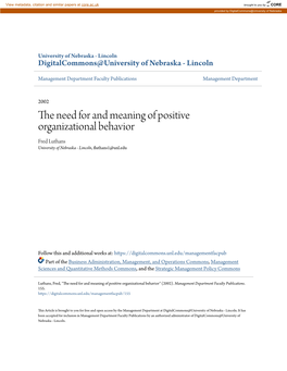 The Need for and Meaning of Positive Organizational Behavior" (2002)