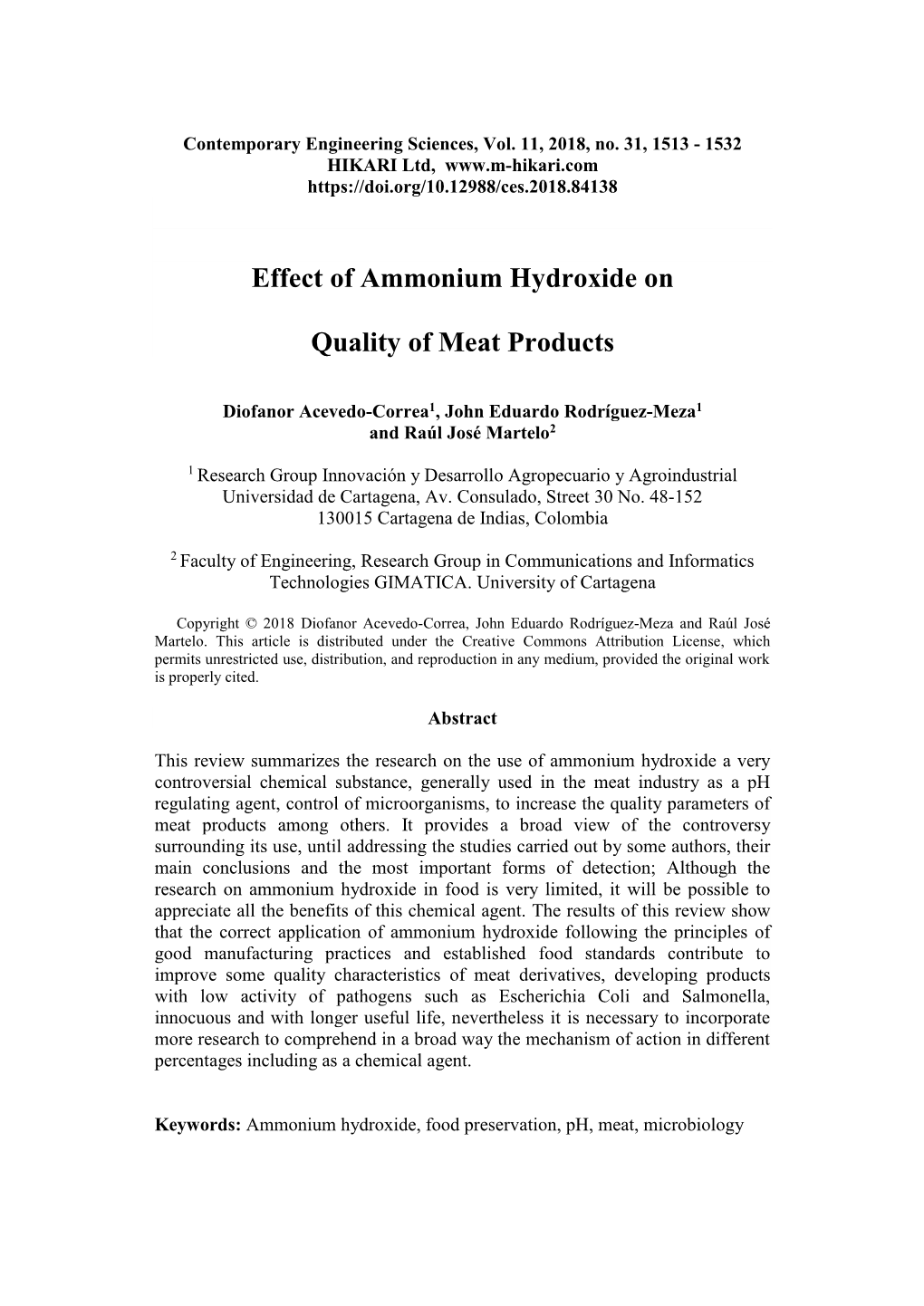 Effect of Ammonium Hydroxide on Quality of Meat Products 1515