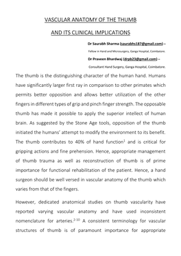 Vascular Anatomy of the Thumb and Its Clinical