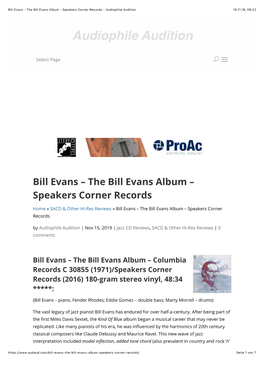 Bill Evans – the Bill Evans Album – Speakers Corner Records