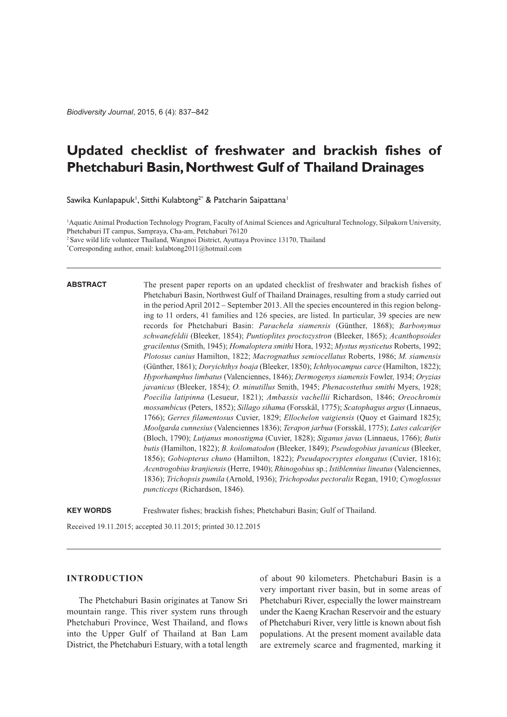 Updated Checklist of Freshwater and Brackish Fishes of Phetchaburi Basin, Northwest Gulf of Thailand Drainages